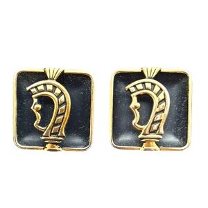 Swank Knight Black Enamel Cufflinks Square Gold Tone Soldier Warrior Vintage
